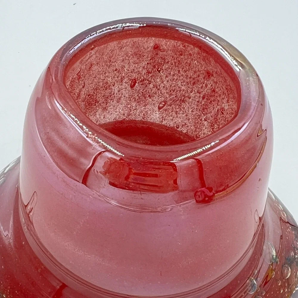 Vintage Pier 1 Hand Blown Art Glass Vase Red Controlled Bubble Romania 5.25